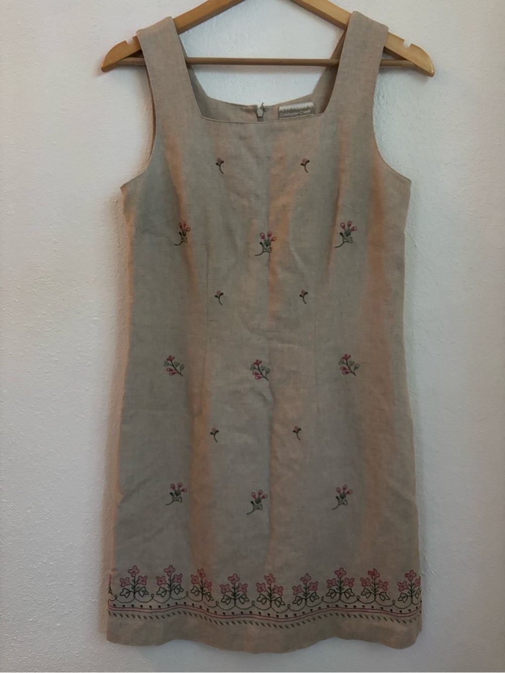 Vintage | Beige Linen Mini Dress with Floral Embroidery